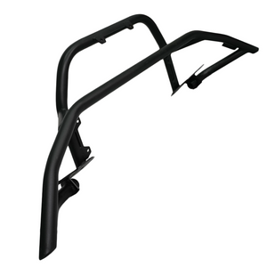 Black powder-coated metal front tube bumper for FJ Cruiser, angled view showing mounting brackets.