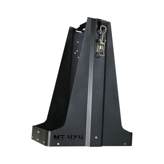 Black metal 4x4 fuel and water can holder with latch, angled view showing sturdy construction and mounting holes.