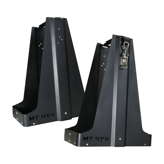 Pair of black metal 4x4 fuel and water can holders with mounting holes and latch on one holder.