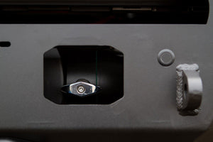 Close-up of metal winch fairlead mounted on the Metal Tech Tiger Shark front bumper for Lexus GX460.