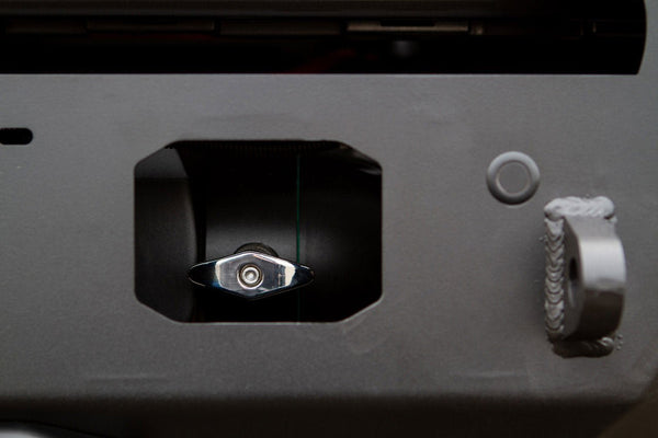 Close-up of metal winch fairlead mounted on the Metal Tech Tiger Shark front bumper for Lexus GX460.