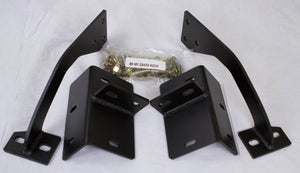 Two black metal side wing support brackets with mounting holes and a bag of bolts on a white background.
