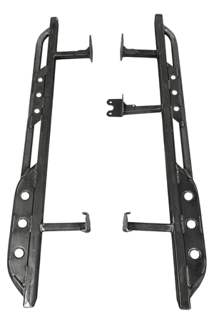 Pair of black steel rock sliders with mounting brackets for Lexus GX470 off-road protection.