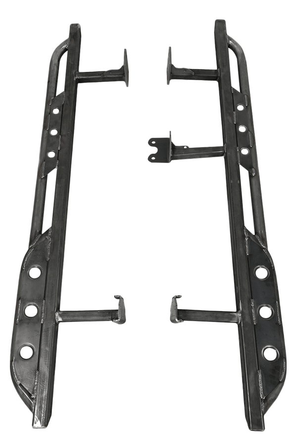 Pair of black steel rock sliders with mounting brackets for Lexus GX470 off-road protection.