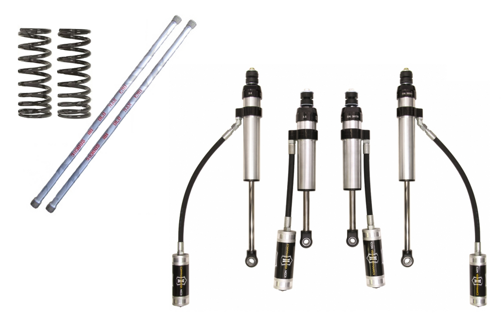 Icon 100 Series Stage 2 medium suspension kit with coil springs, dual remote reservoir shocks, and extended bump stops.