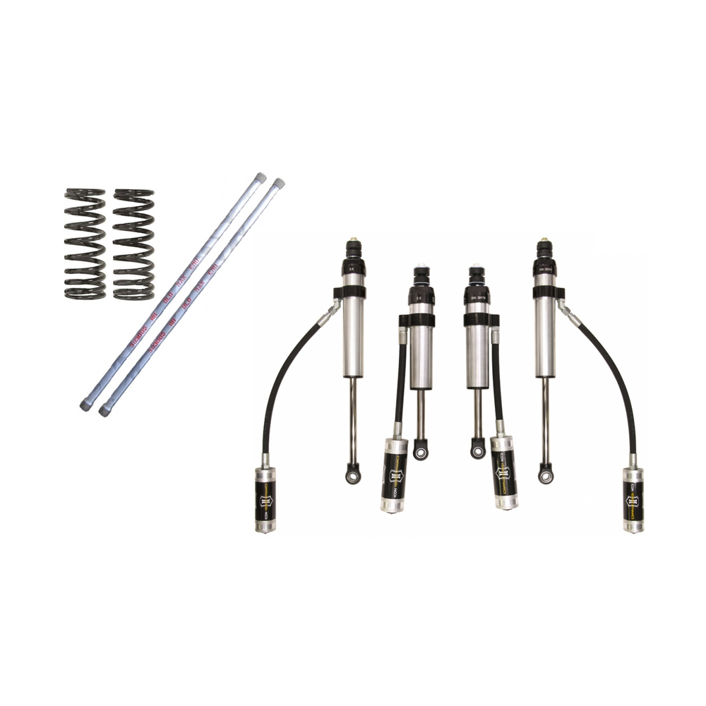 Icon 100 Series medium suspension kit with two coil springs, two front shocks, and two rear remote reservoir shocks.