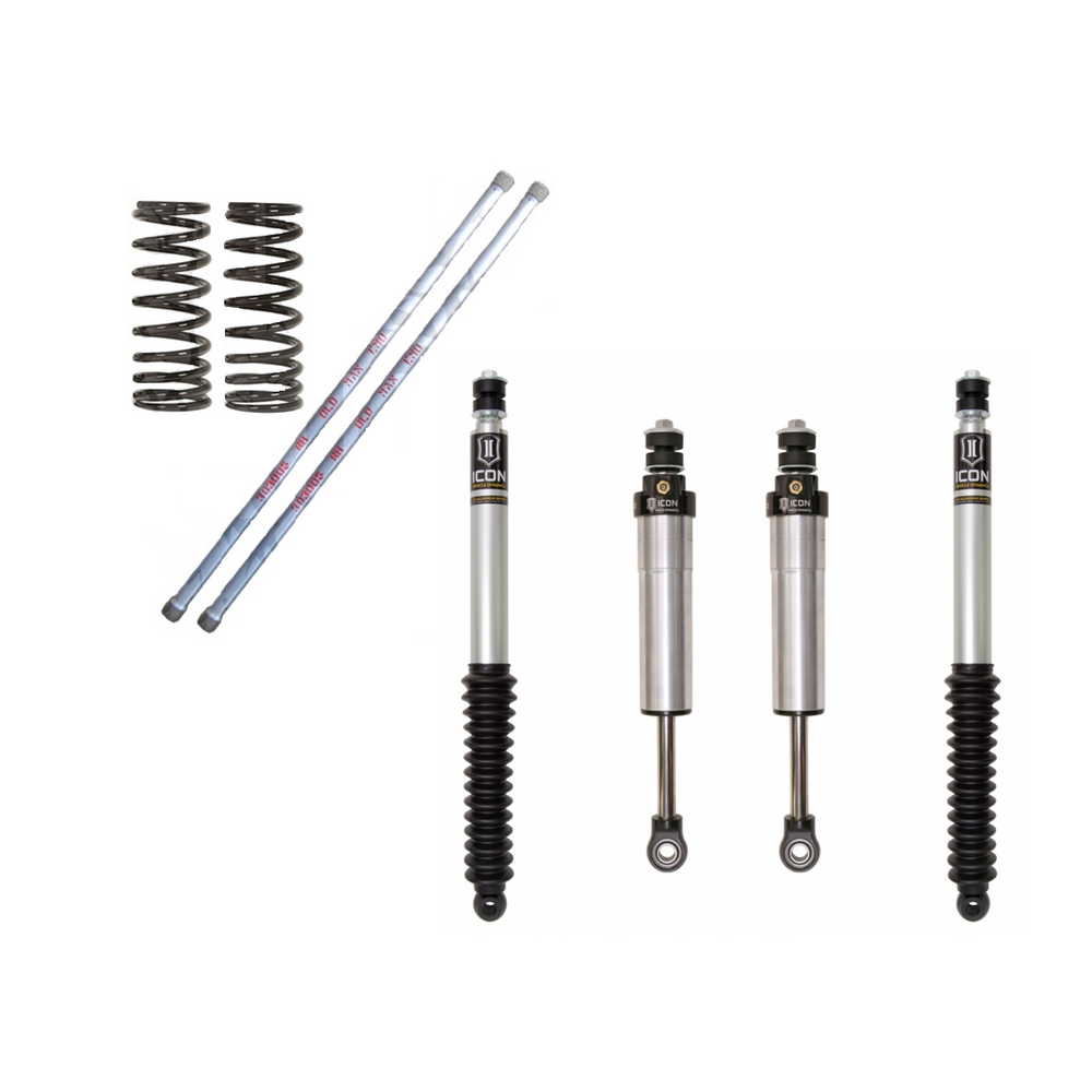 Icon 100 Series Medium Kit Stage 1 with two coil springs, two sway bar links, and four silver shock absorbers.