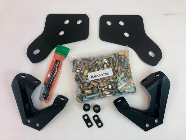 Black metal mounting brackets and hardware kit for Lexus LX570 rock sliders, including bolts, washers, and zip ties.