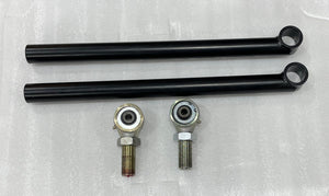 Two black metal offset rear lower links with silver rod ends for 2003+ Lexus GX470 and GX460 suspension.