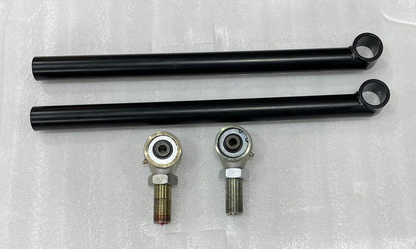 Two black metal offset rear lower links with silver rod ends for 2003+ Lexus GX470 and GX460 suspension.