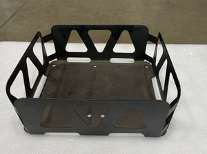 Black metal utility basket with triangular cutouts on sides and base, shown from a front angle on a white surface.