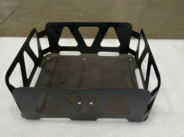 Black metal utility basket with triangular cutouts on sides and base, shown from a front angle on a white surface.