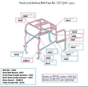 Diagram of Metal-tech Jackson roll cage kit for FJ40 Land Cruiser with labeled pink kit parts and optional blue parts.
