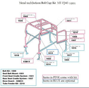 Diagram of Metal-tech Jackson Roll Cage Kit for FJ40 Land Cruiser showing included pink parts and optional blue parts.