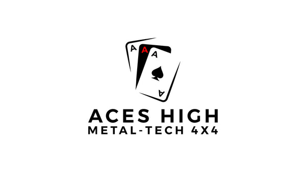 Logo showing three aces cards above the text "Aces High Metal-Tech 4x4" on a white background.