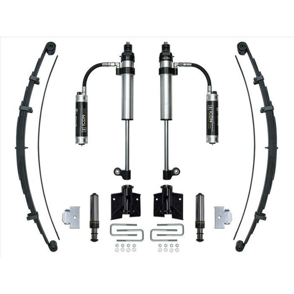 Complete Icon Stage 2 rear suspension system for 2005 and up Toyota Tacoma, including shocks, leaf springs, and mounting hardware.