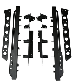 Black metal rock sliders and mounting brackets for Lexus LX570, laid out on a white background.