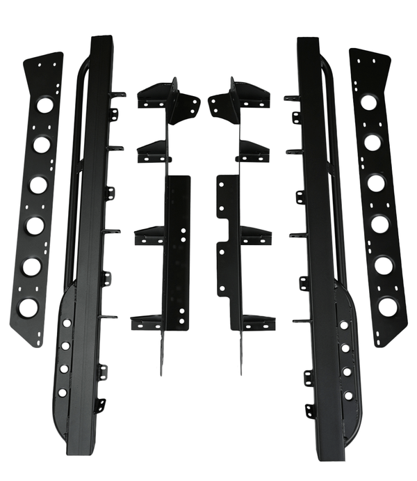 Black metal rock sliders and mounting brackets for Lexus LX570, laid out on a white background.