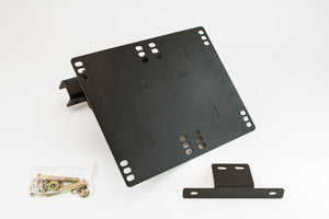 Black metal universal utility rack with license plate holder and mounting hardware on white background.