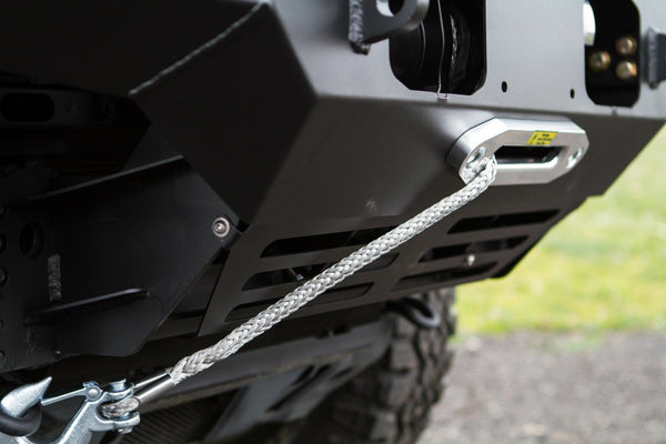 Close-up of Metal Tech Fortress front bumper on 5th Gen 4Runner showing integrated winch hook and synthetic rope attachment.