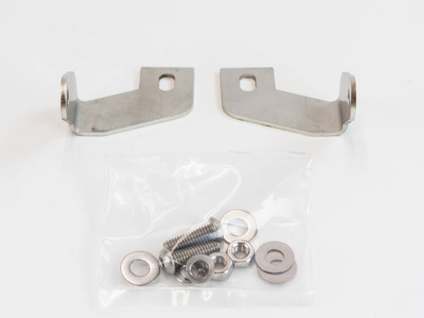 Two metal LED light bar brackets with mounting screws, nuts, and washers in a clear plastic bag on a white background.