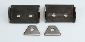 Two metal roll cage seat belt mounts and matching triangular washers for FJ40 Land Cruiser installation.