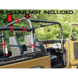Front profile view of Metal Tech roll cage kit installed on open-top FJ40 Land Cruiser, B pillar excluded.