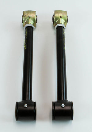 Pair of black adjustable rear upper and lower suspension links with gold-toned rod ends for 80 Series Land Cruiser LX450.