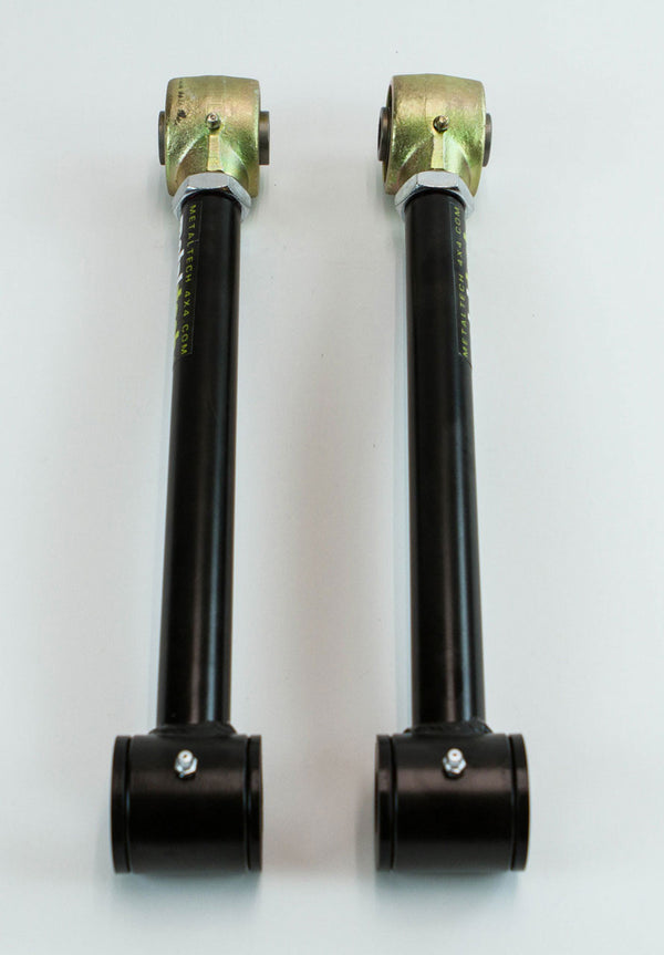 Pair of black adjustable rear upper and lower suspension links with gold-toned rod ends for 80 Series Land Cruiser LX450.