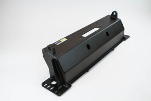Black metal winch bumper for FJ Cruiser with mounting holes and welded reinforcements, angled view on white background.