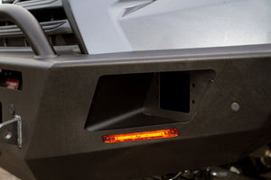 Close-up of black Metal Tech Tiger Shark front bumper with amber marker light installed on Lexus GX460.