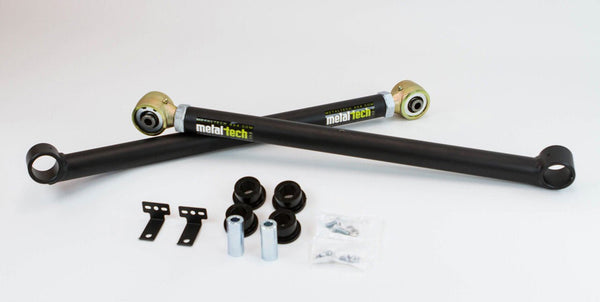 Pair of black offset rear lower links with bushings, brackets, and hardware for 2001-2007 Sequoia suspension upgrade.