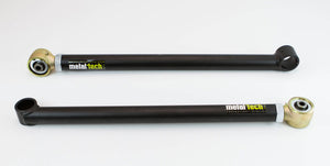 Pair of black Metal Tech offset rear lower links for 2001-2007 Sequoia with gold-toned rod ends on white background.