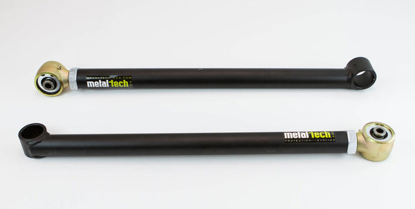 Pair of black Metal Tech offset rear lower links for 2001-2007 Sequoia with gold-toned rod ends on white background.