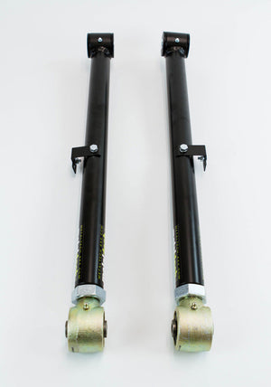 Pair of black metal offset rear lower suspension links with gold-colored rod ends for FJ Cruiser and 4Runner vehicles.