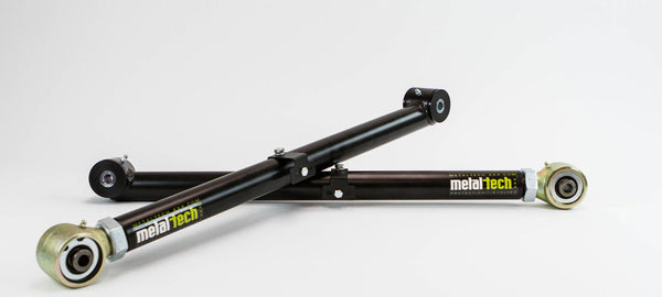 Two black Metal Tech 4x4 rear upper and lower suspension links with rod ends on a white background.