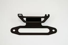Black metal synthetic line fairlead license plate holder, flat lay on white background.