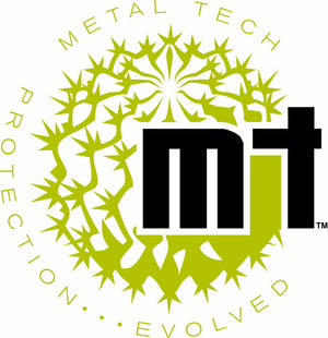 Metal Tech logo with stylized green thorn circle and black and green "mt" letters in center.