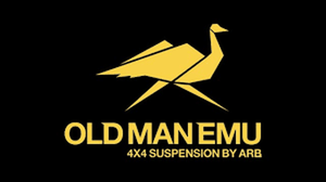Old Man Emu logo in yellow with stylized emu and text "4x4 Suspension by ARB" on black background