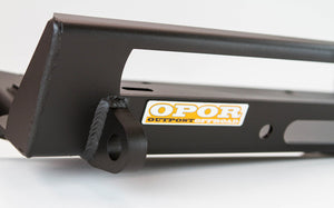 Close-up of black metaltech 4x4 Stronghold winch bumper corner with OPOR Outpost Offroad logo.