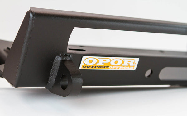 Close-up of black metaltech 4x4 Stronghold winch bumper corner with OPOR Outpost Offroad logo.