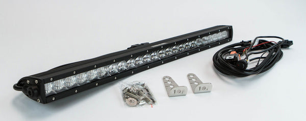 120W single-row LED light bar with spot and flood lenses, mounting brackets, hardware, and wiring harness on white background.