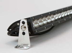 Close-up of black 150W single-row LED light bar with metal mounting bracket and wiring harness.