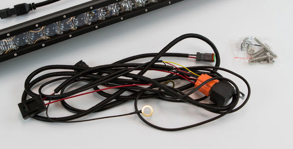 Wiring harness with connectors and mounting hardware for 150W 30-LED single row spot flood combo light bar.