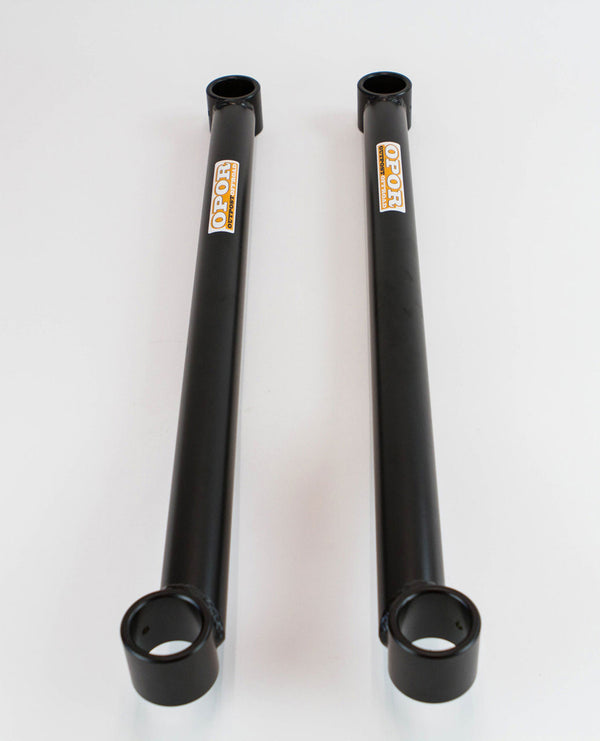 Pair of black offset lower control arms with Opor logo, designed for 100 Series Land Cruiser and LX470 suspension upgrades.