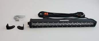 20-inch 90W LED light bar with single row spot and flood combo, including mounting brackets and wiring harness.