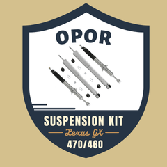 Four silver replacement struts and rear shocks with mounting hardware for Lexus GX 470/460 suspension kit on white background.