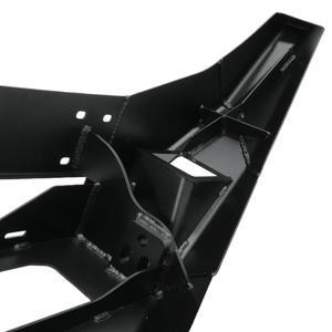Close-up of black powder-coated steel Metal Tech Phantom front bumper showing welds and mounting points.