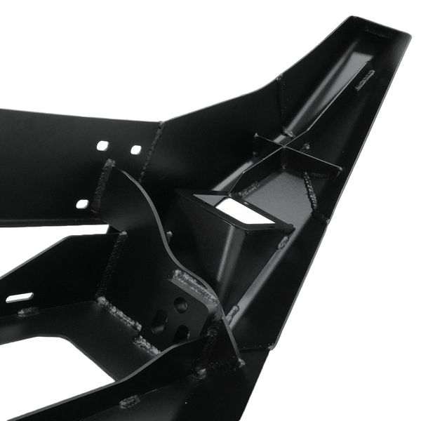 Close-up of black powder-coated steel Metal Tech Phantom front bumper showing welds and mounting points.