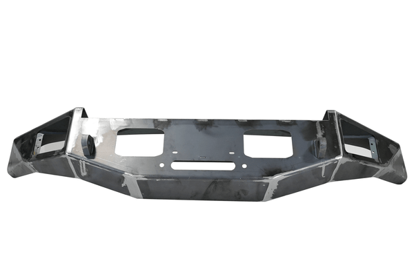 Raw metal Metal Tech Phantom front bumper for FJ Cruiser with cutouts for lights and winch mount points.
